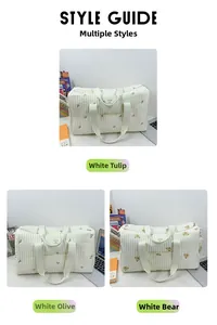 Detailed view of quilted cotton travel bags with tulip, olive, and bear patterns