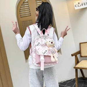 Sac à dos enfant à carreaux roses avec peluche d'ours et imprimé Luck mignon