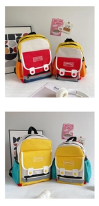 Detailed shot of canvas kids backpack with contrast color flap and side pockets