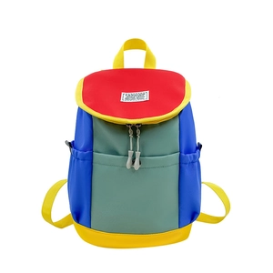 Colorful kindergarten backpack for kids with red, blue, green, and yellow panel design
