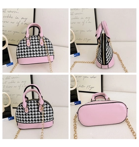 Detailed views of mini shell bag featuring pink leather trim and houndstooth pattern