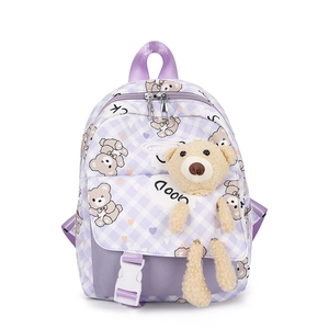 Sac à dos violet à carreaux pour enfant avec peluche ours et motifs cartoons