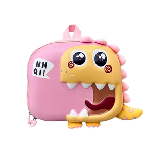 Pink cartoon dinosaur toddler backpack with 3D fins and yellow face for school