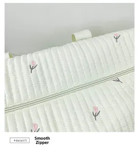 Detail showing the smooth zipper and quilted tulip embroidery on the white canvas baby bag