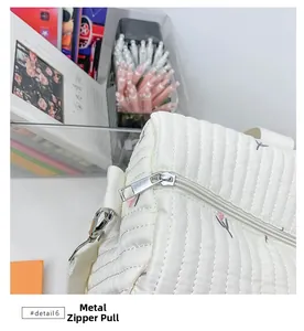 Close-up of durable silver metal zipper on white quilted canvas bag with floral patterns