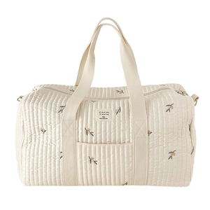 Quilted cotton large travel bag for moms with olive branch embroidery and top handles