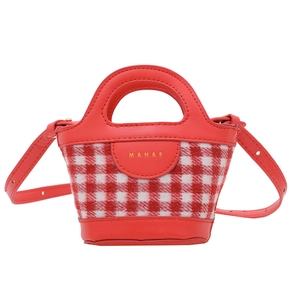 Red checkered mini handbag for girls with leather trim and adjustable crossbody strap
