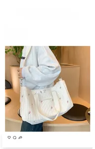 Detail of white quilted handbag with pink tulip embroidery and detachable shoulder strap