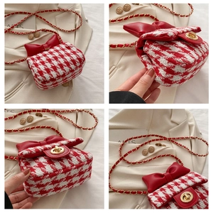 Four angles of a red and white tweed mini bag with a leather bow and gold chain strap