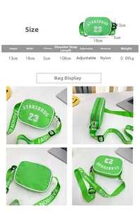 Size chart and details of neon green nylon kids crossbody bag with adjustable strap