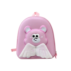 Zaino rosa per bambini con orsetto e ali di paillettes bianche con guscio rigido