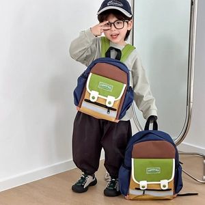 Kids color-block canvas backpack with large capacity for kindergarten boys and girls