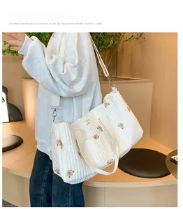 Detailed view of quilted cotton diaper bag featuring cute brown bear embroidery pattern