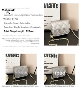 Silver quilted mini crossbody bag detail showing 12x10x5cm dimensions and chain strap