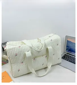 Detail of white quilted diaper bag featuring pink floral embroidery and sturdy straps