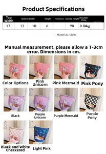 Größentabelle für Kinder-Brusttaschen mit Maßen und verschiedenen bunten Tiermotiven