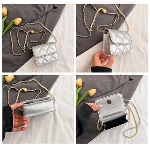 Detail views showing silver quilted mini crossbody bag with gold chain and ball clasp