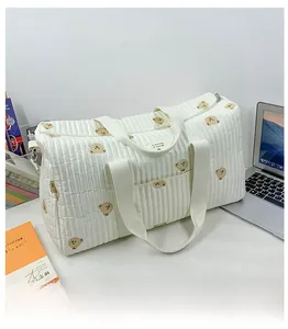 Quilted canvas baby diaper bag featuring cute bear pattern and top zip closure detail