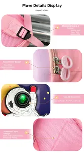 Close-up of pink eggshell backpack with glowing astronaut and mesh back padding