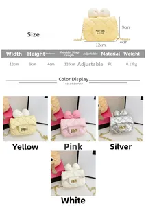 Size chart showing 12x9x4cm dimensions and PU material for bow quilted girl bag
