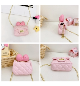 Pink quilted girls crossbody bag with bow detail and gold chain strap in four detailed views