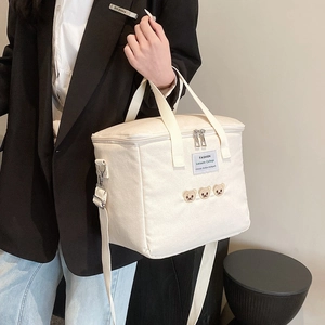 Canvas diaper bag with bear embroidery, thermal insulation, and detachable strap