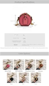 Detailed dimension chart and specifications for the mini round PU leather chain bag