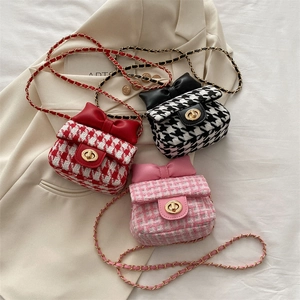 Kids Girls Tweed Crossbody Bag With Bow Decor Metal Chain Strap Sweet Elegant Small Square Purse Mini Handbag