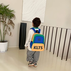 Kids color-block backpack with KLTS letters and blue orange green panels for school boys