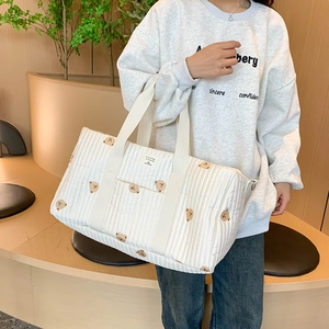 Quilted white canvas baby bag with cute bear prints and large capacity tote design
