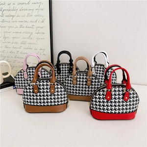 Mini Shell Handbag Crossbody Bag Houndstooth Fabric PU Leather Chain Strap Vintage Korean Fashion Girls Kids
