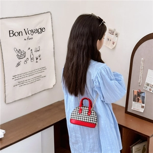 Kids mini shell handbag with houndstooth pattern and red leather trim plus gold chain strap