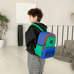 Kids trendy colorblock backpack with KLTS letter prints for boys and school travel