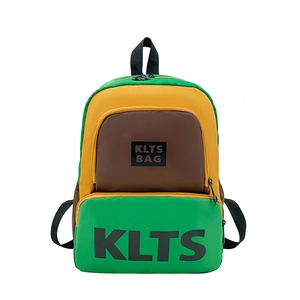 Kids color-block canvas backpack with KLTS letter prints in green, yellow and brown