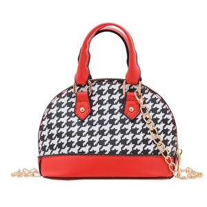Retro houndstooth mini crossbody bag for girls with red trim and gold chain strap