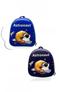 Vertical view of multi-color eggshell backpacks with cartoon astronaut patterns