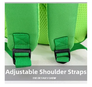 Detail of adjustable breathable mesh shoulder straps on green dinosaur backpack