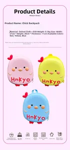 Detailed size and material specs for 3D cartoon chick backpacks in pink, yellow, and blue