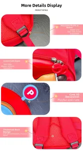 Detail view of red school bag with adjustable buckle, double zippers and mesh padded back