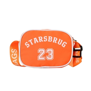 Vibrant orange nylon crossbody bag for kids featuring white varsity letter print design
