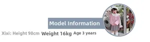 Guide des tailles montrant un modèle en gilet rose et jupe à carreaux, 98cm, 3 ans