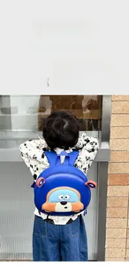 Detail of blue car-shaped children's backpack with 3D EVA hard shell and breathable straps