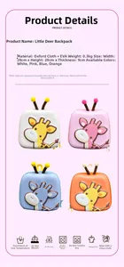 Detailed chart showing 28x28x9cm dimensions and Oxford fabric for kids deer backpack