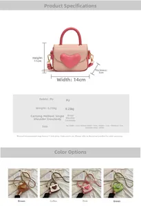 Detailed size chart and four candy-colored PU leather heart handbags for girls