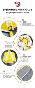 Detail of cartoon giraffe kids backpack showing EVA material and padded shoulder straps