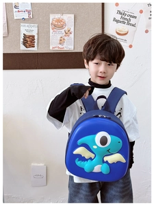Blue 3D cartoon dinosaur hard shell backpack for kids with cute wings and soft lighting