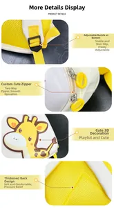 Detail of cartoon giraffe egg-shell backpack featuring 3D embossment and breathable mesh back