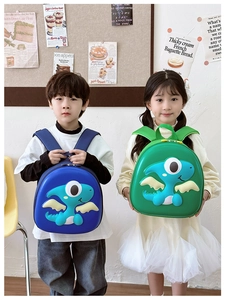 Detailed view of children wearing lightweight dinosaur hardshell backpacks in blue and green