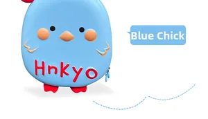 Detailed view of a blue 3D cartoon chick hardshell backpack with red embossed lettering