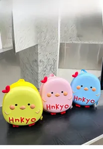 Detailed row of three colorful cartoon bird eggshell backpacks for children in blue pink yellow